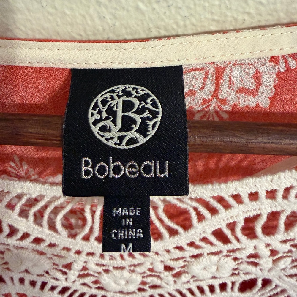 Bobeau Boho Crochet Lace Floral Blouse Coral White Peasant Top M - Picture 2 of 10